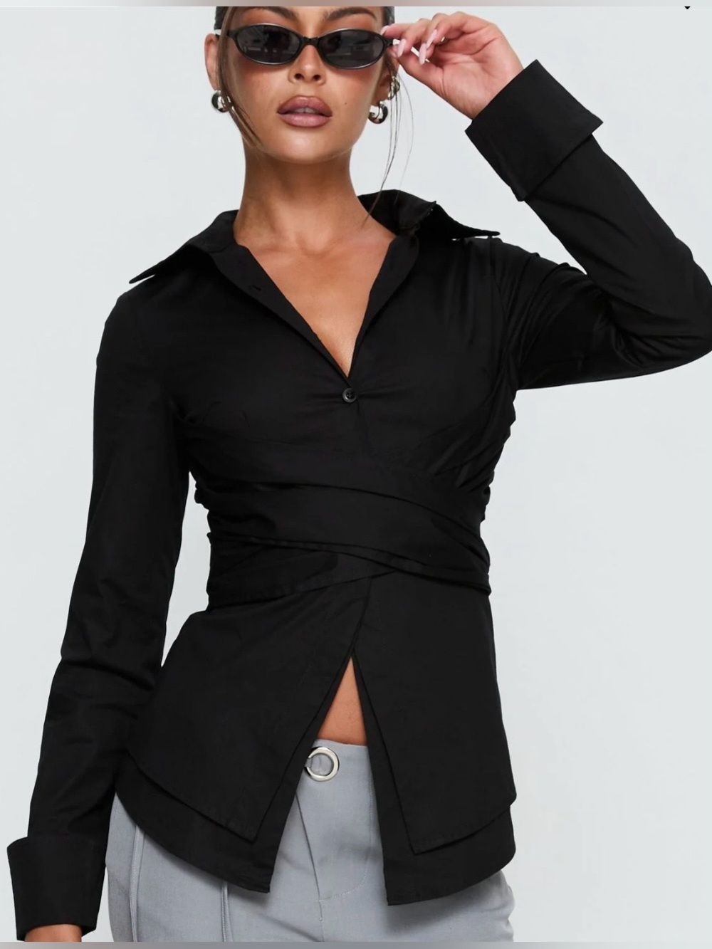 Princess Polly Black Wrap-Detail Button Down Shirt